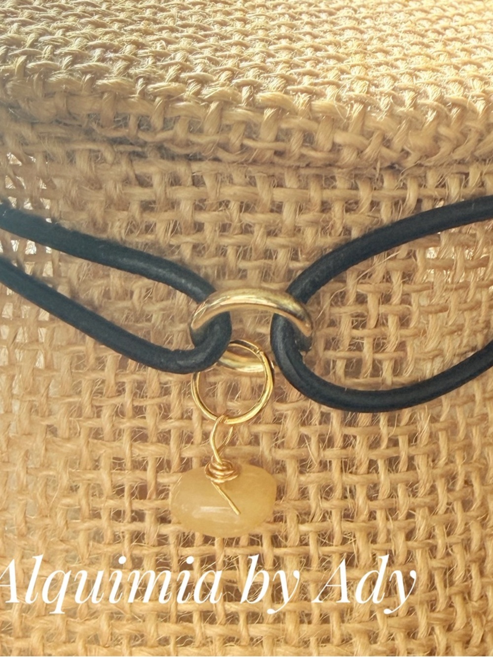 Alquimia Black Cord Necklace with Gold Ring and Yellow Stone Pendant